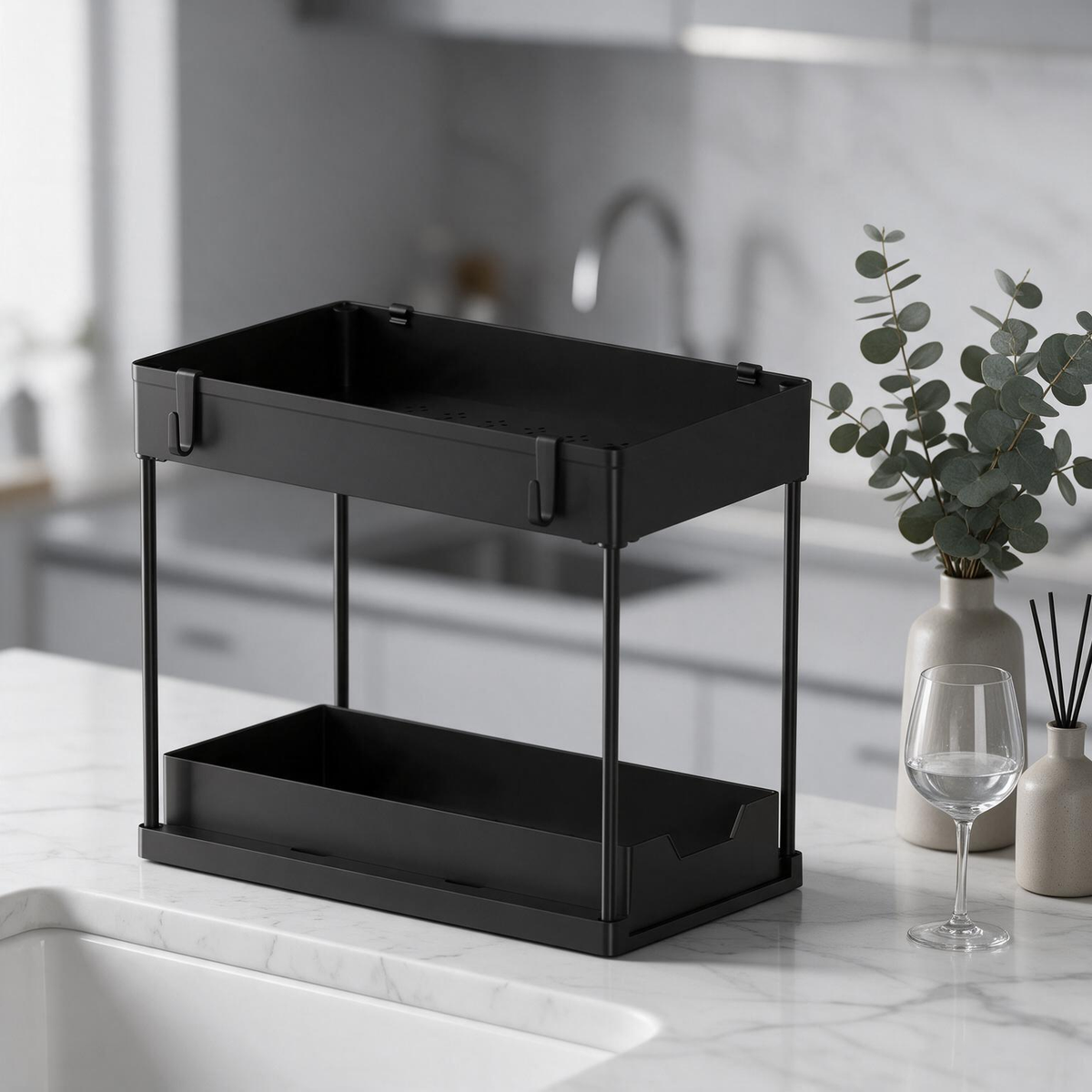 🖤 Space-Saving | Durable Metal Countertop Organizer | Modern Two-Tier Storage Rack