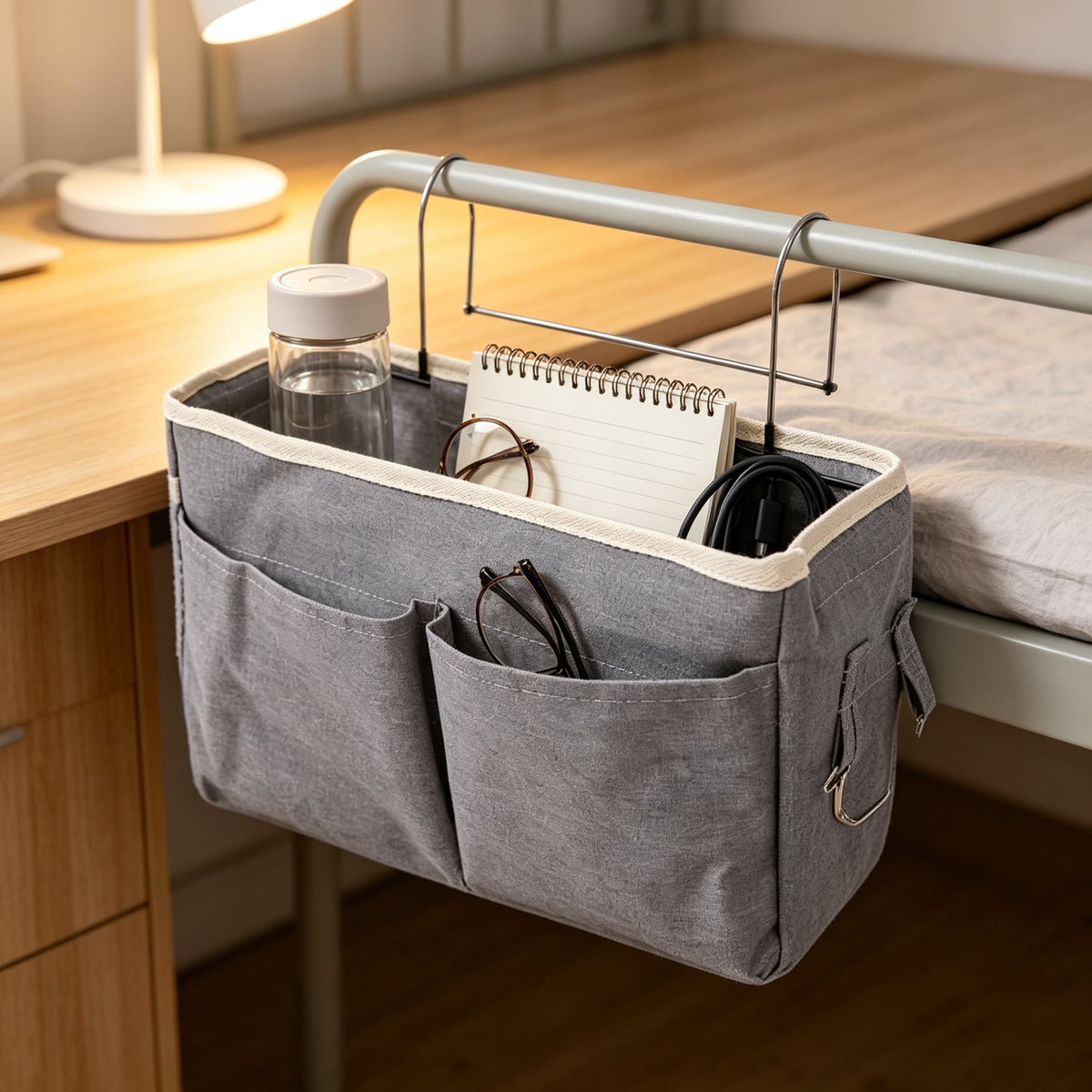 🎓 Student | Gray Sturdy Linen Fabric | Hanging Bedside Caddy