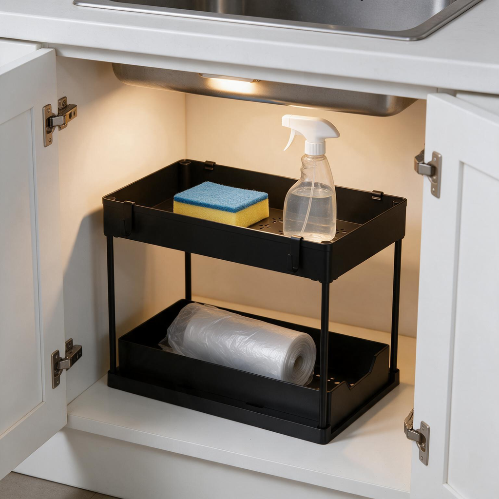 🖤 Space-Saving | Durable Metal Countertop Organizer | Modern Two-Tier Storage Rack