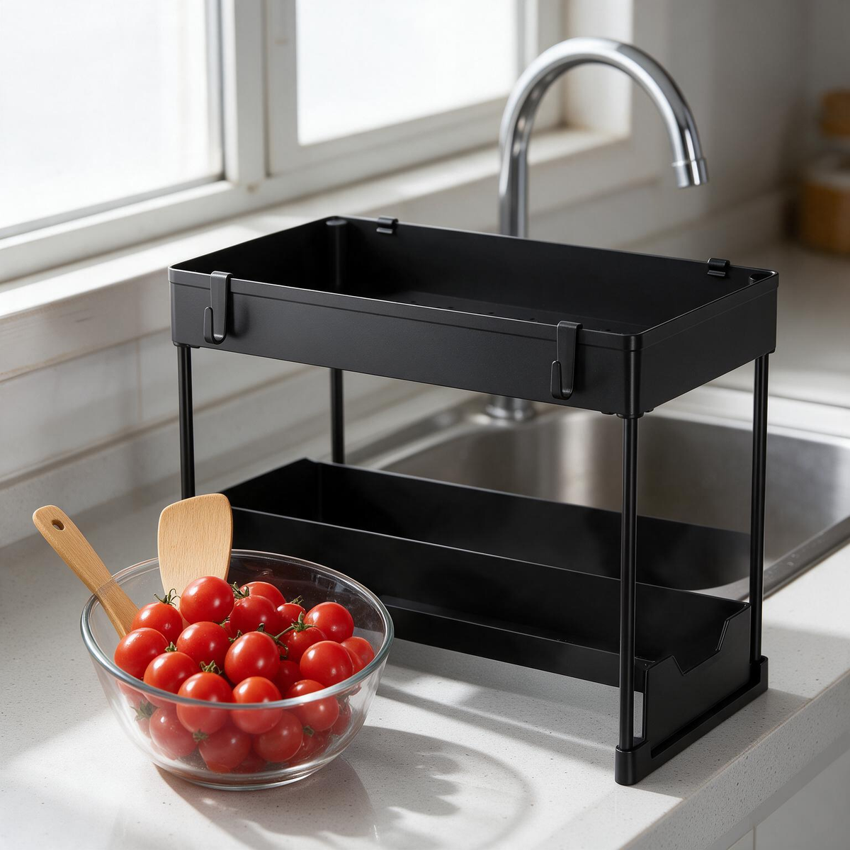 🖤 Space-Saving | Durable Metal Countertop Organizer | Modern Two-Tier Storage Rack