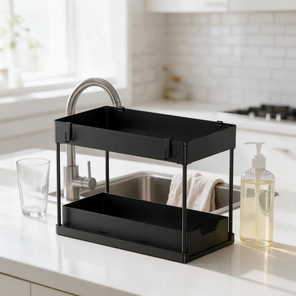 🖤 Space-Saving | Durable Metal Countertop Organizer | Modern Two-Tier Storage Rack